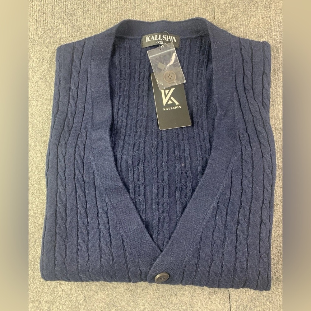 Kallspin Mens Cashmere/Woll/Viscose Blend Cable Knit Cardigan Vest Size XXL Navy